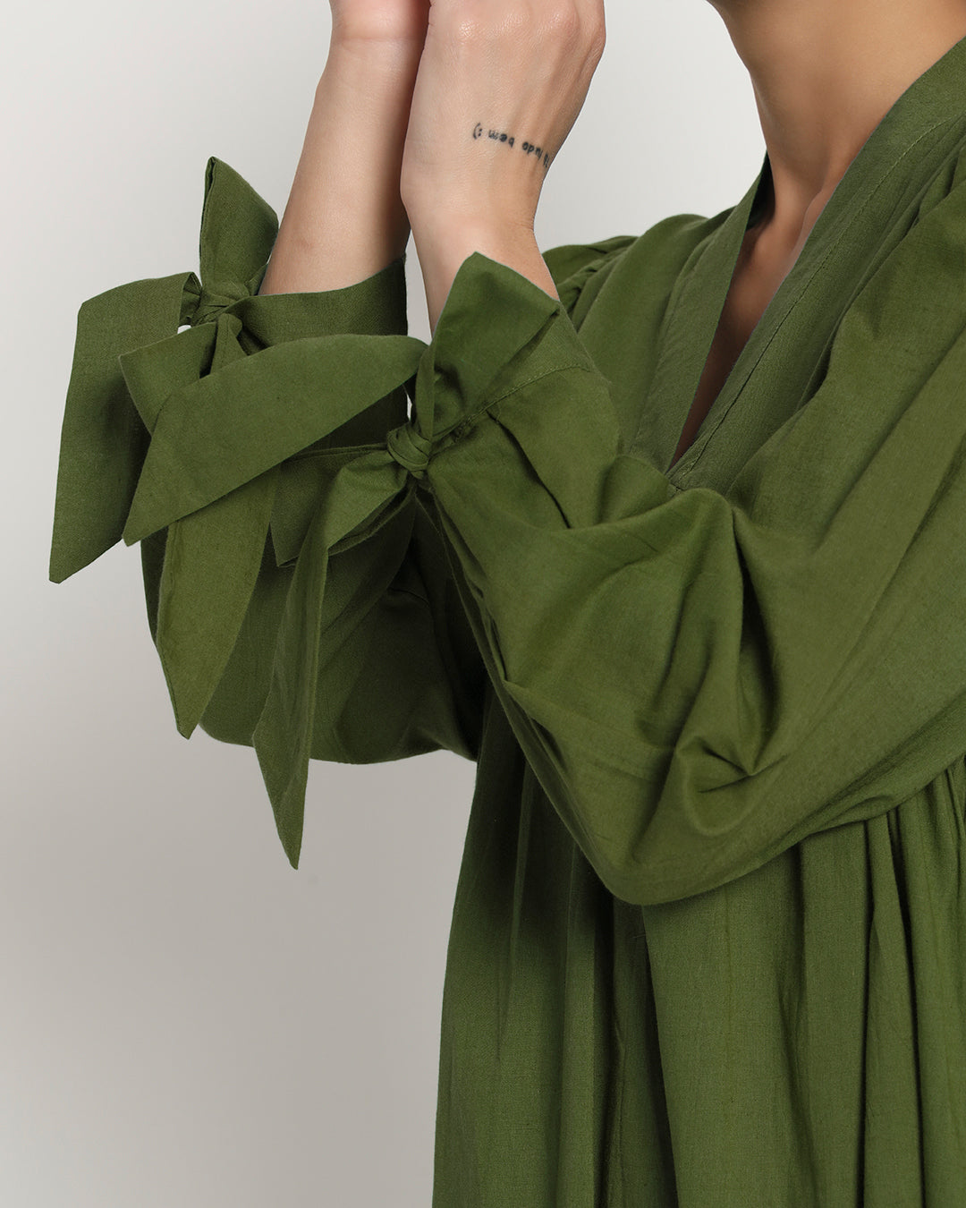 Greening Spring Bowtiful Gathering V Neck Dress