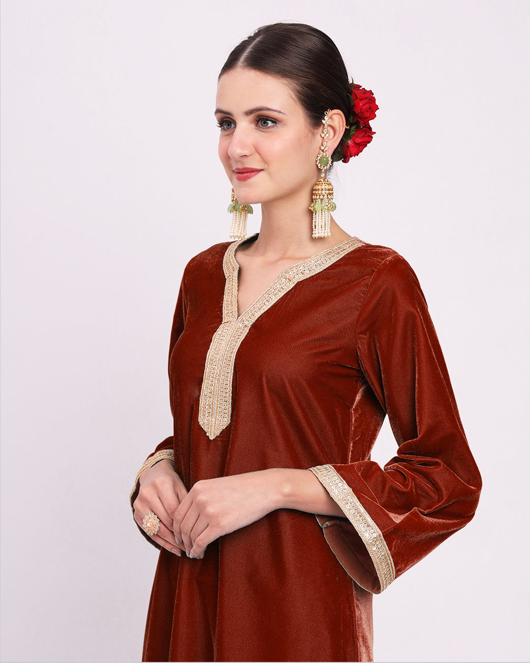 Russet Red Glimmer Crafted Luxe Velvet Kurta (Without Bottoms)