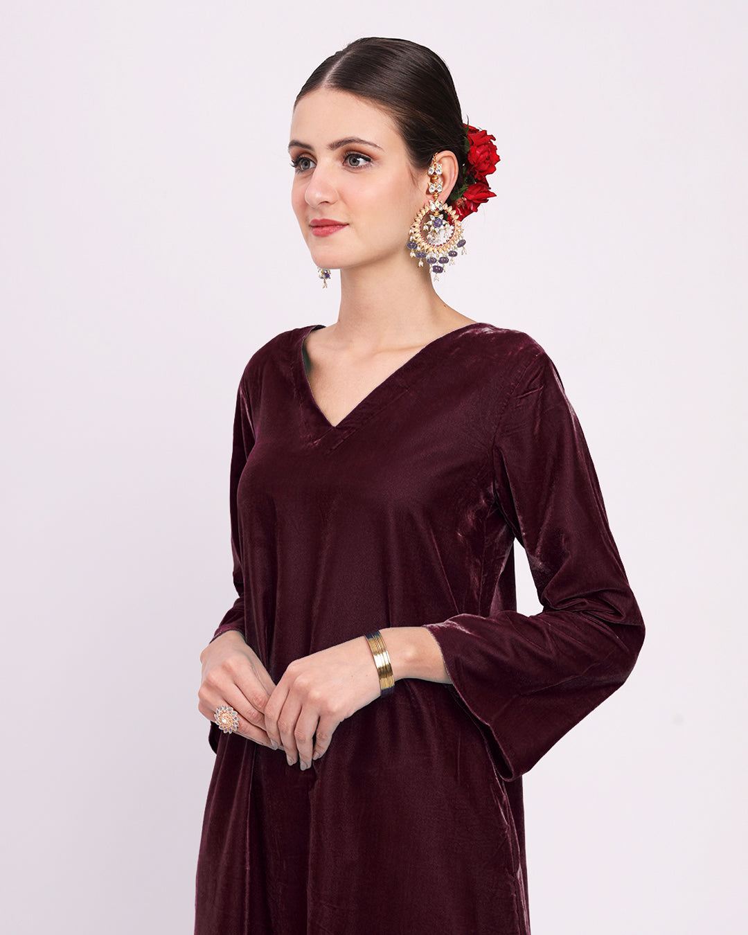 Plum Passion Gilded V Neck Velvet Co-ord Set