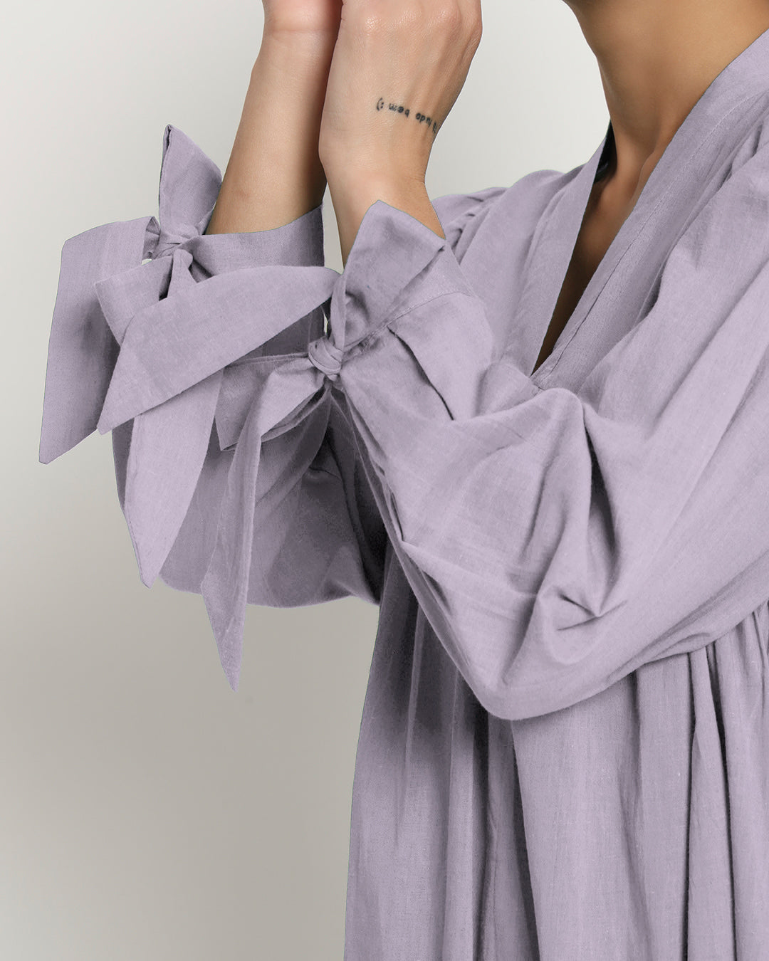 Lilac Bowtiful Gathering V Neck Dress