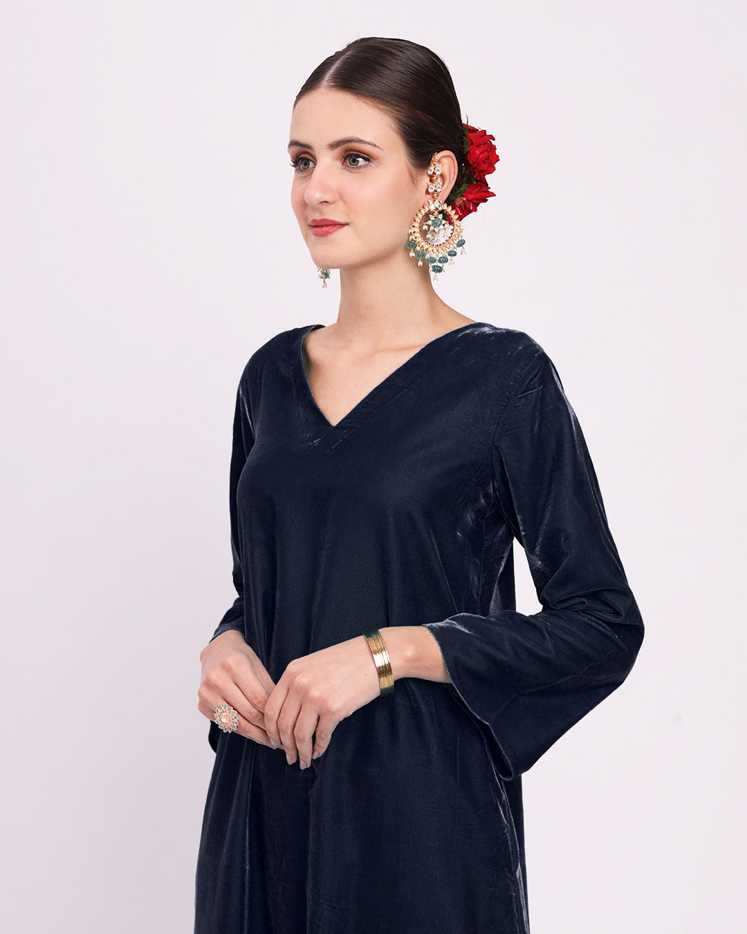 Midnight Blue Gilded V Neck Velvet Co-ord Set