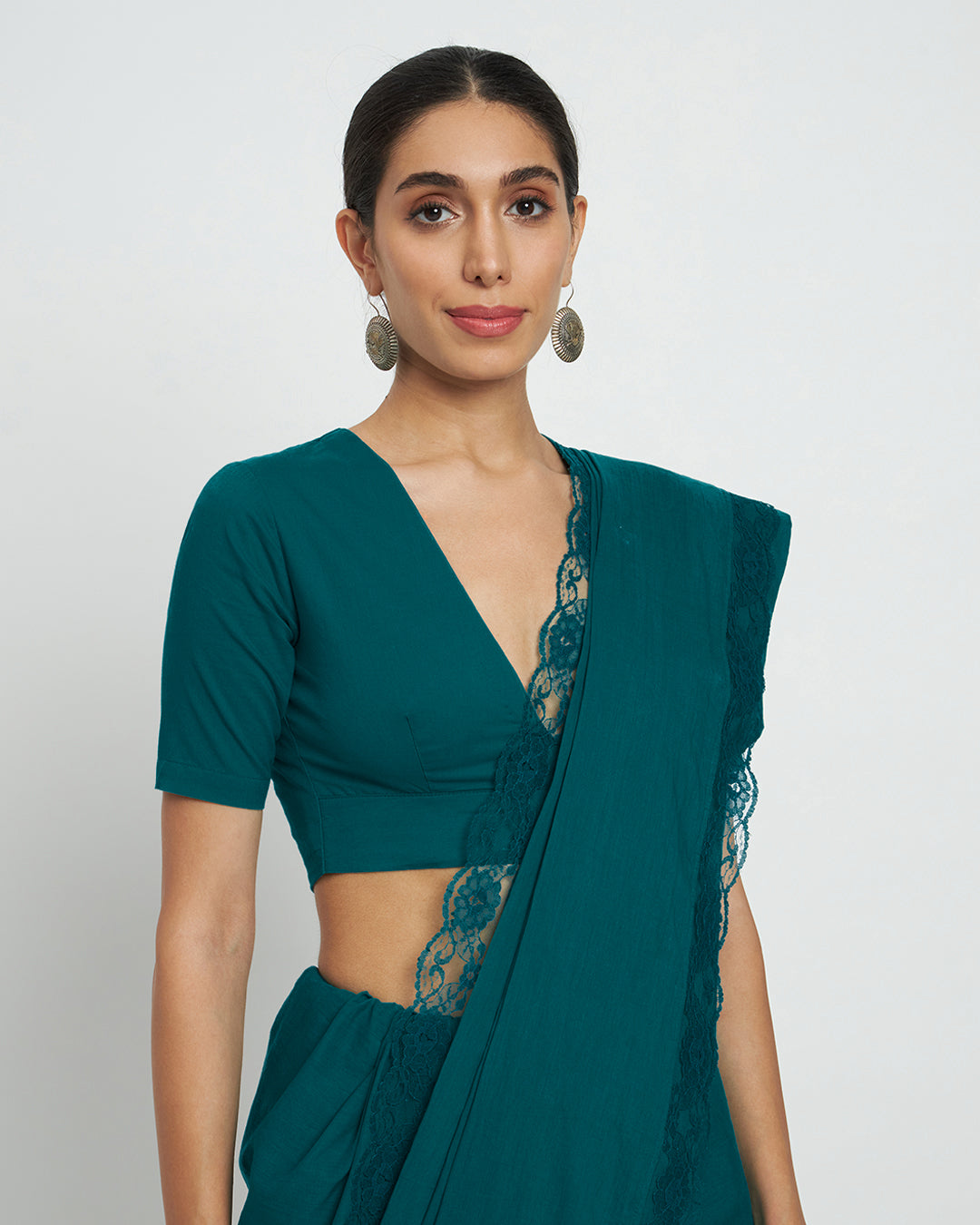 Deep Teal Allure Deep V Saree & Blouse Co-ord Set