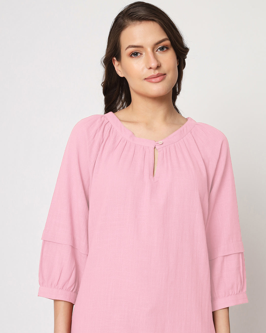 Pink Mist Button Neck Solid Top (Without Bottoms)