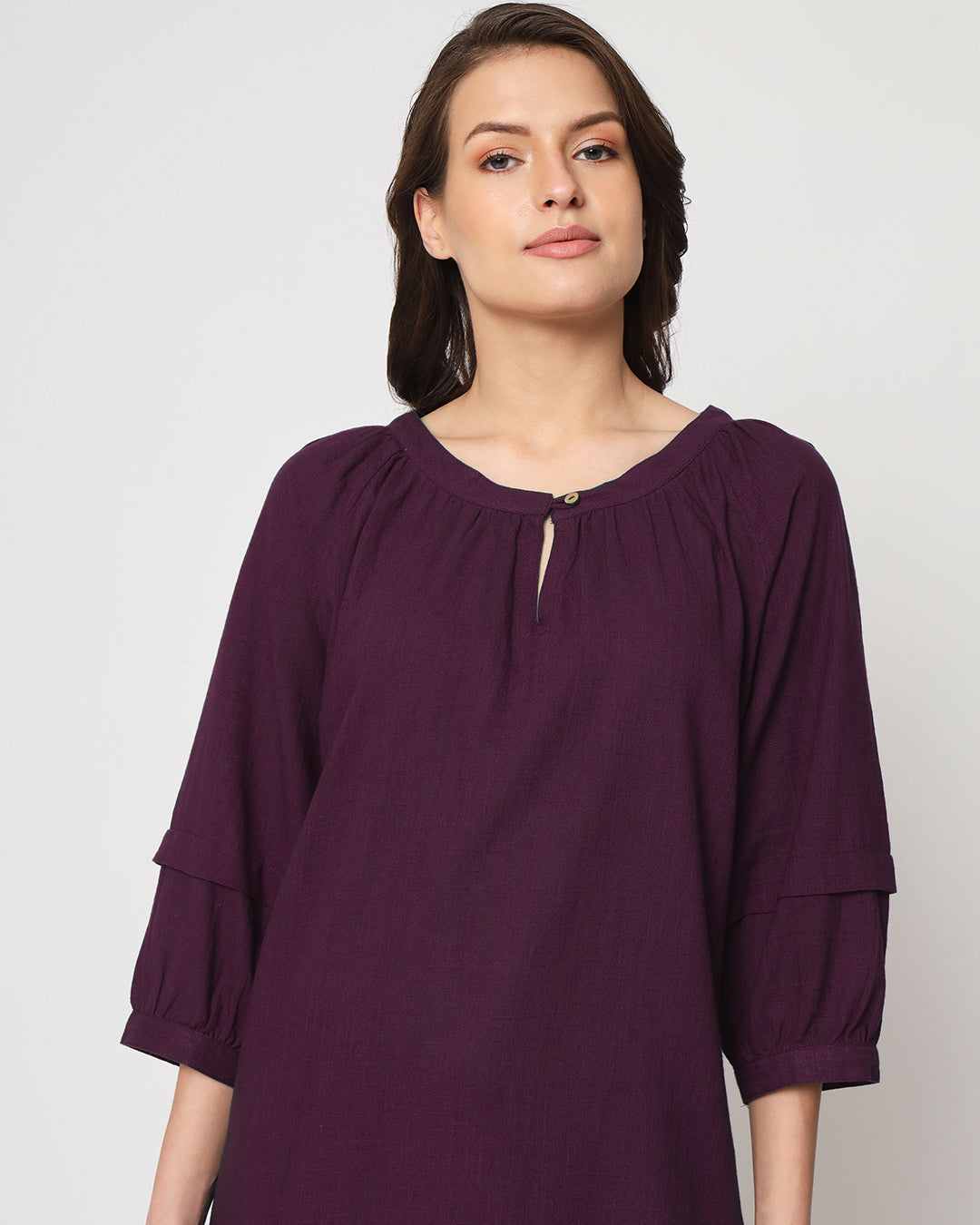 Plum Passion Button Neck Solid Top (Without Bottoms)