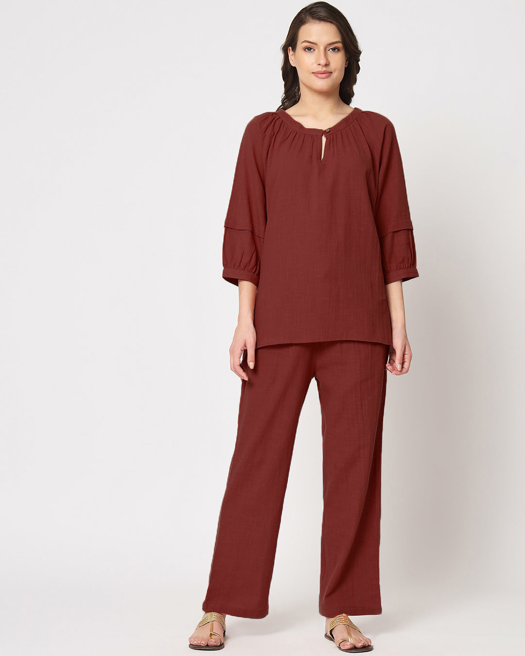 Russet Red Button Neck Solid Top (Without Bottoms)