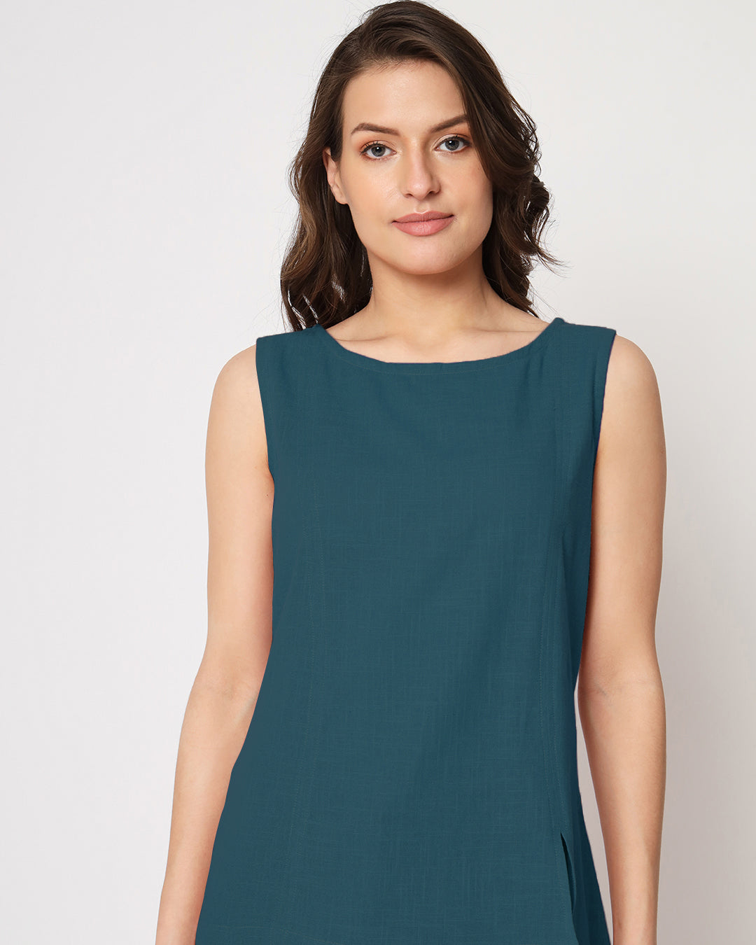 Deep Teal Sleeveless Short Length Solid Top (Without Bottoms)
