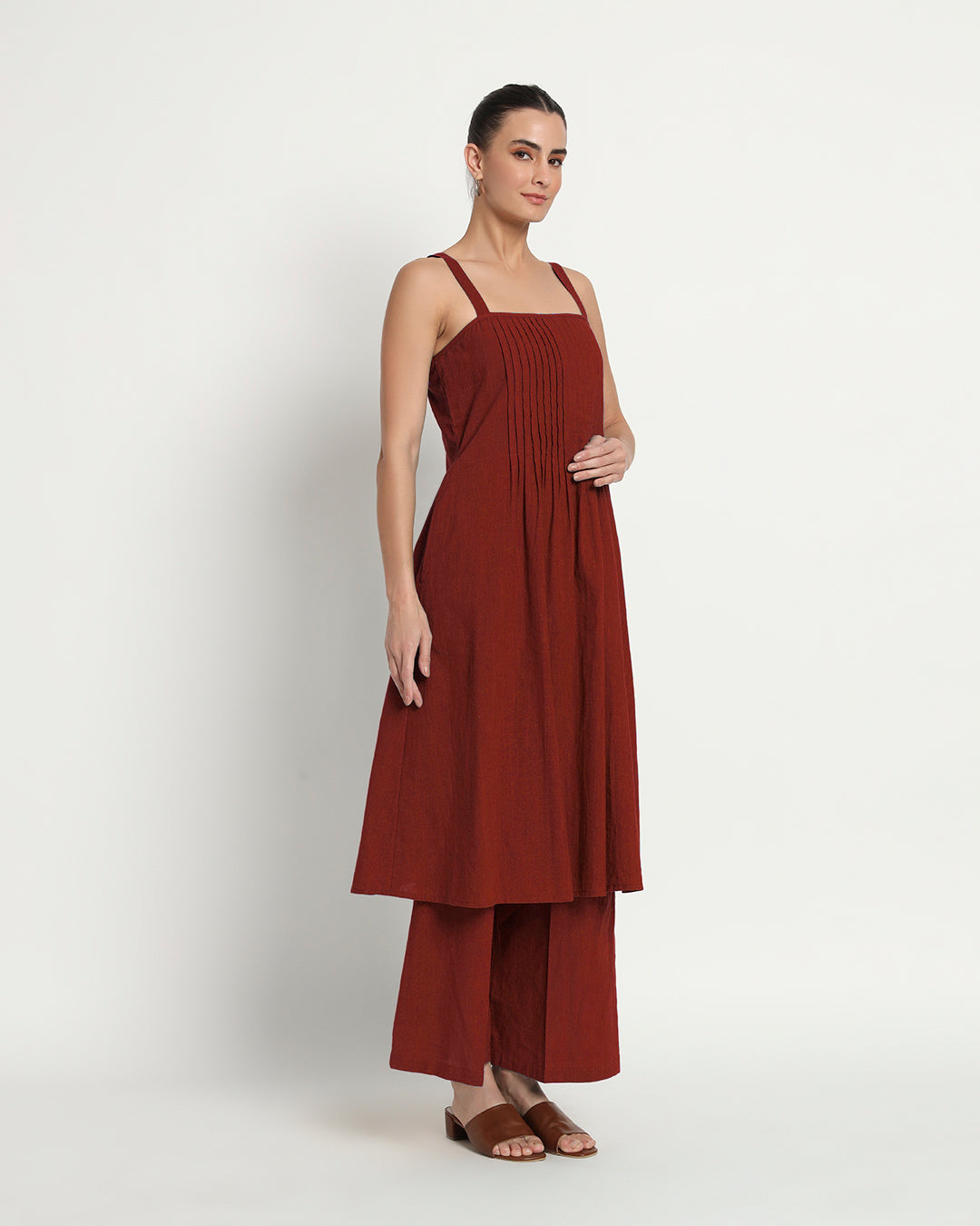 Russet Red Dreamy Flare Spaghetti Solid Co-ord Set