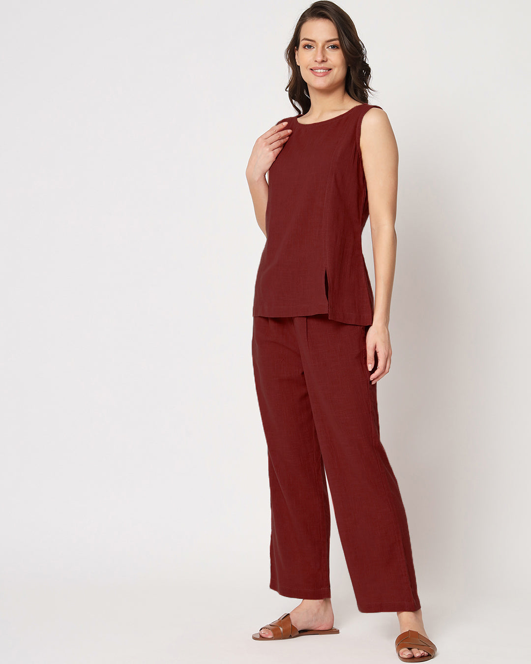 Russet Red Sleeveless Short Length Solid Top (Without Bottoms)