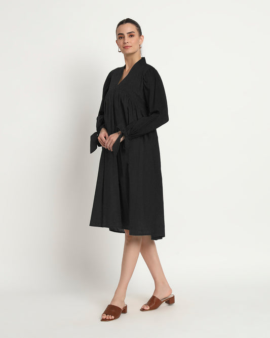 Classic Black Bowtiful Gathering V Neck Dress