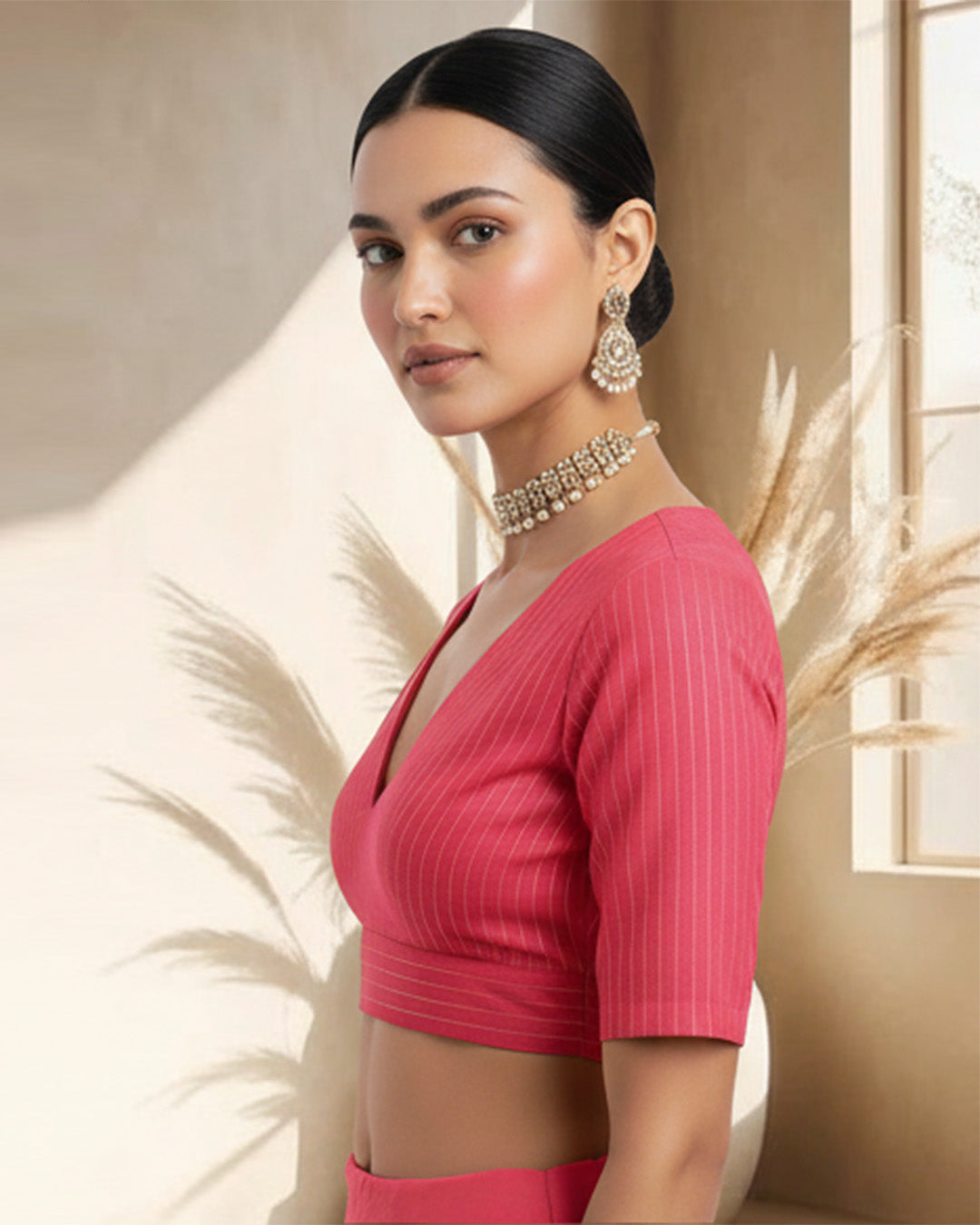Festive Gulabi Golden Stripes Deep V Blouse