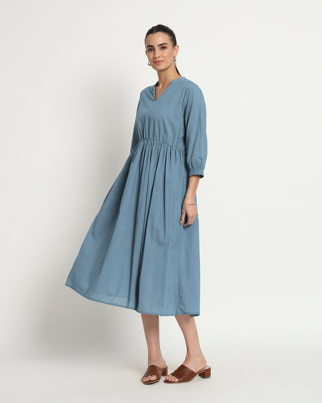 Blue Dawn Gathered V-Neck Stretch Dress