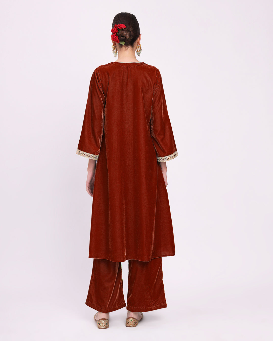Russet Red Crafted Luxe Velvet Kurta (Without Bottoms)