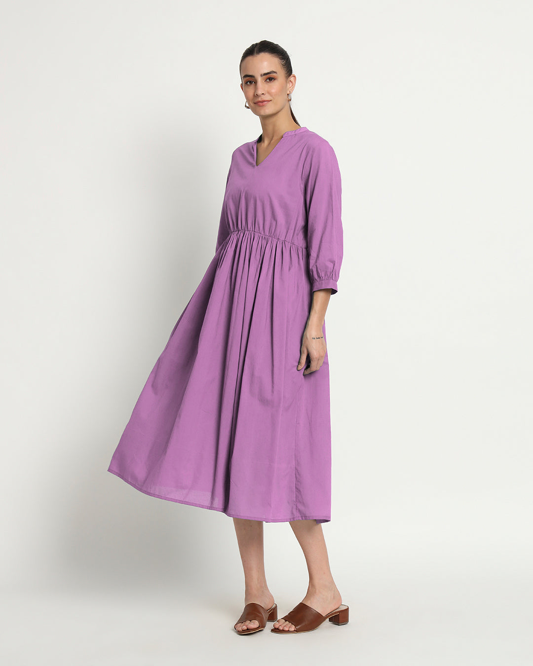 Wisteria Purple Gathered V-Neck Stretch Dress