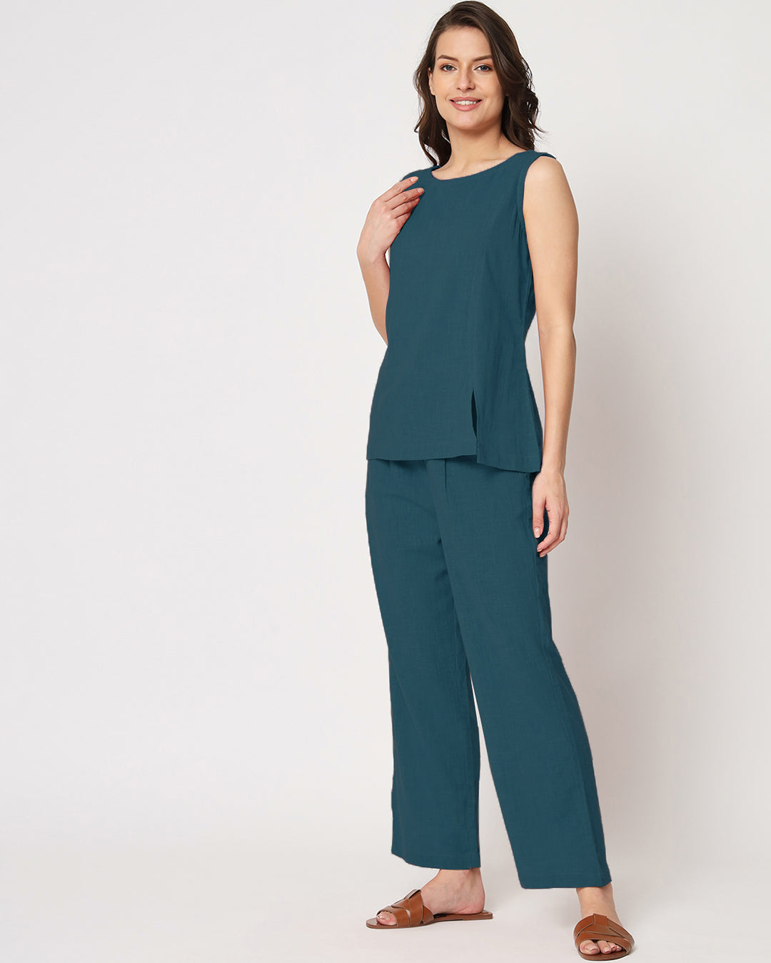 Deep Teal Sleeveless Short Length Solid Co-ord Set