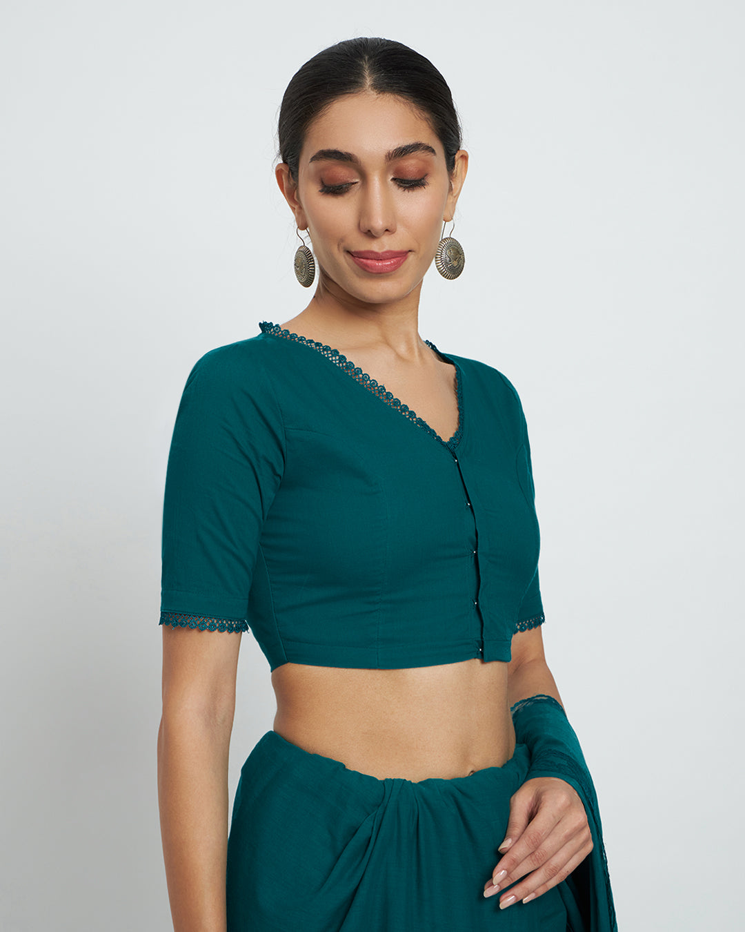 Deep Teal V Neck Lace Medley Saree & Blouse Co-ord Set