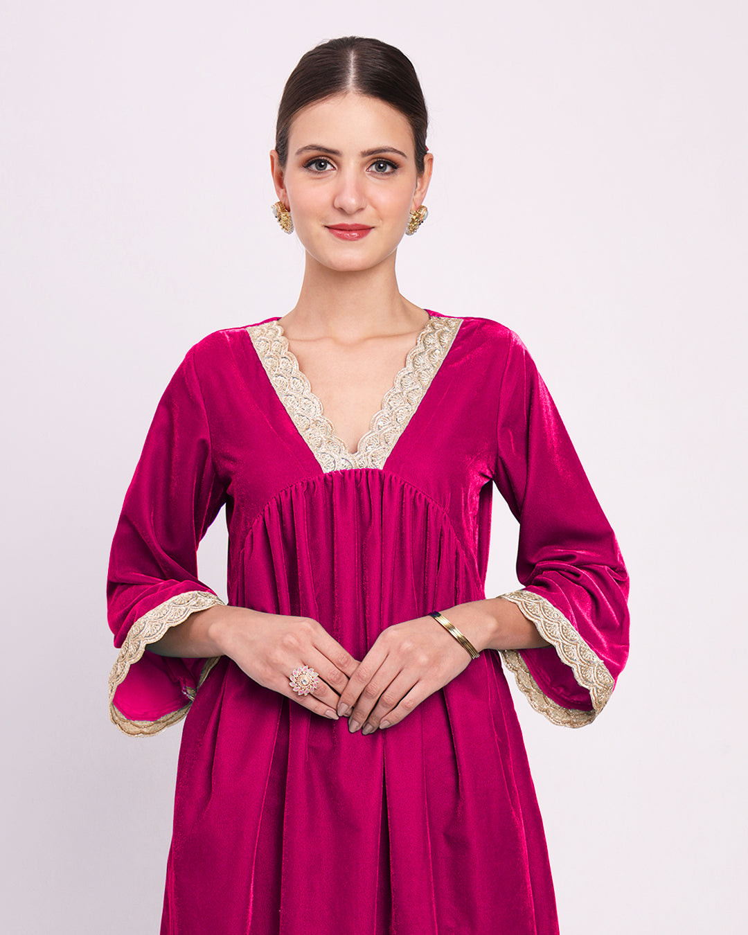 Queen's Gulabi Sparkling Elegance Velvet Gathered Kurta (Without Bottoms)