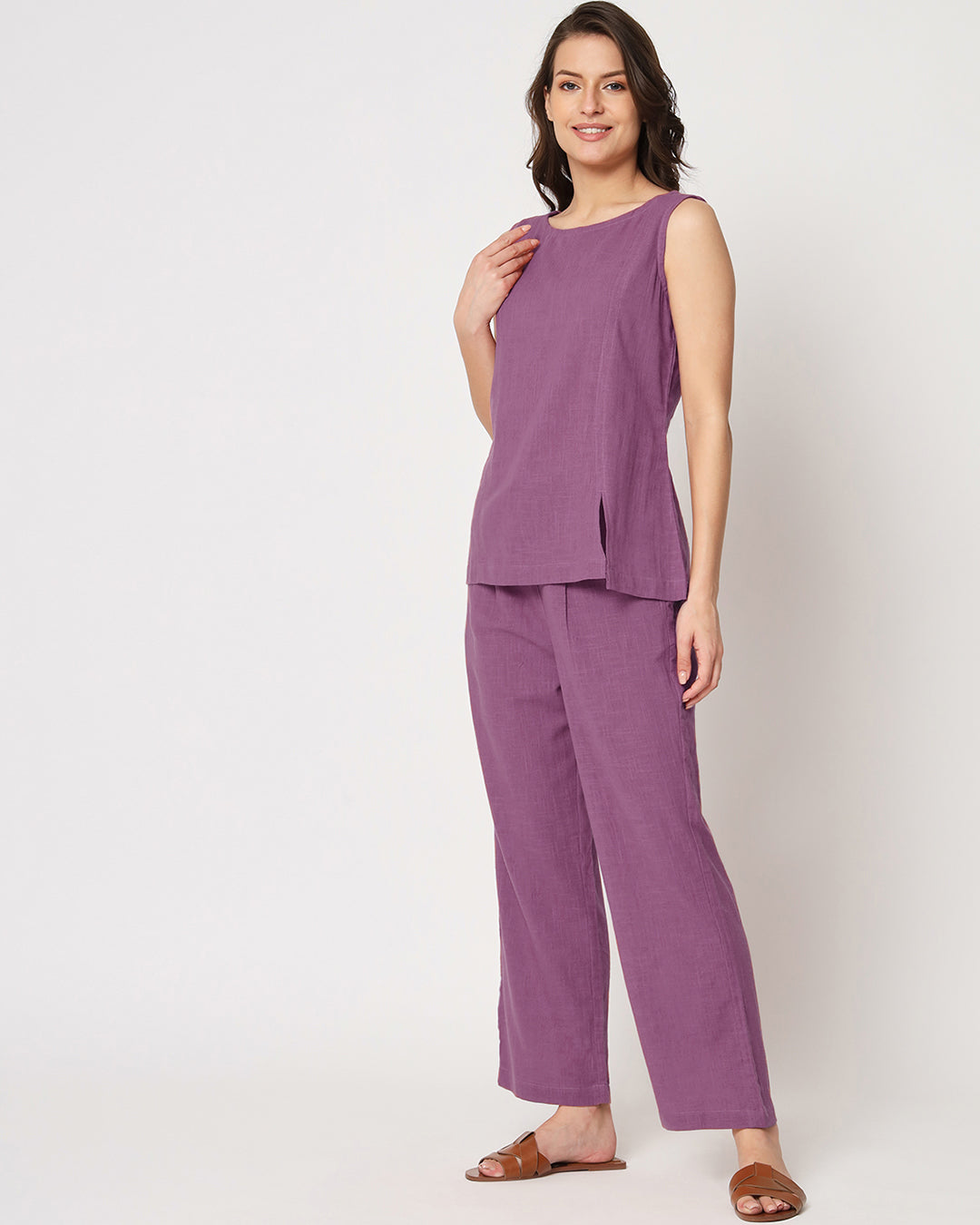 Wisteria Purple Sleeveless Short Length Solid Co-ord Set