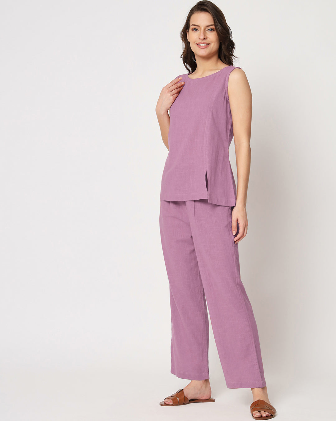 Iris Pink Sleeveless Short Length Solid Top (Without Bottoms)