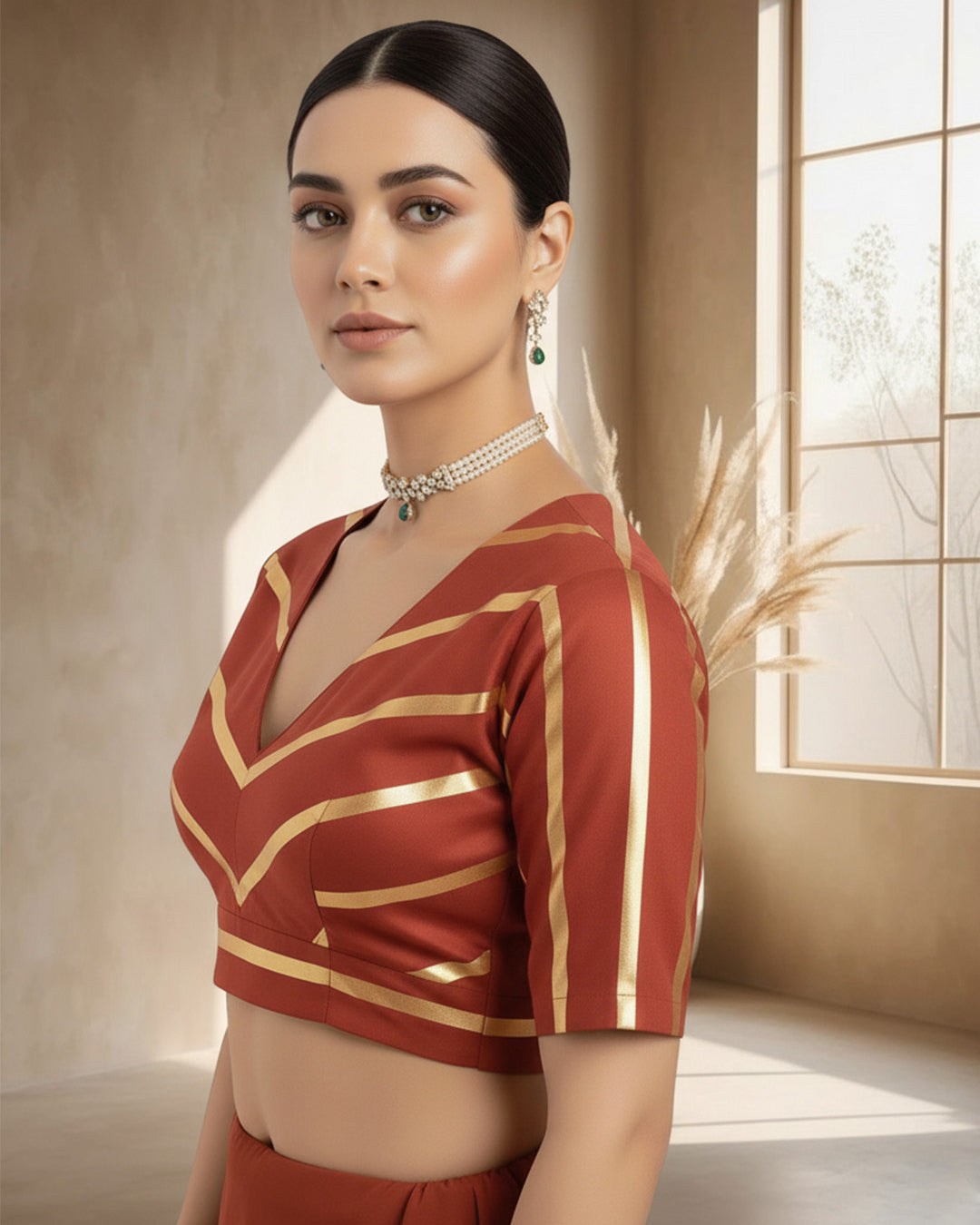 Russet Red Glisten Gala Deep V Blouse