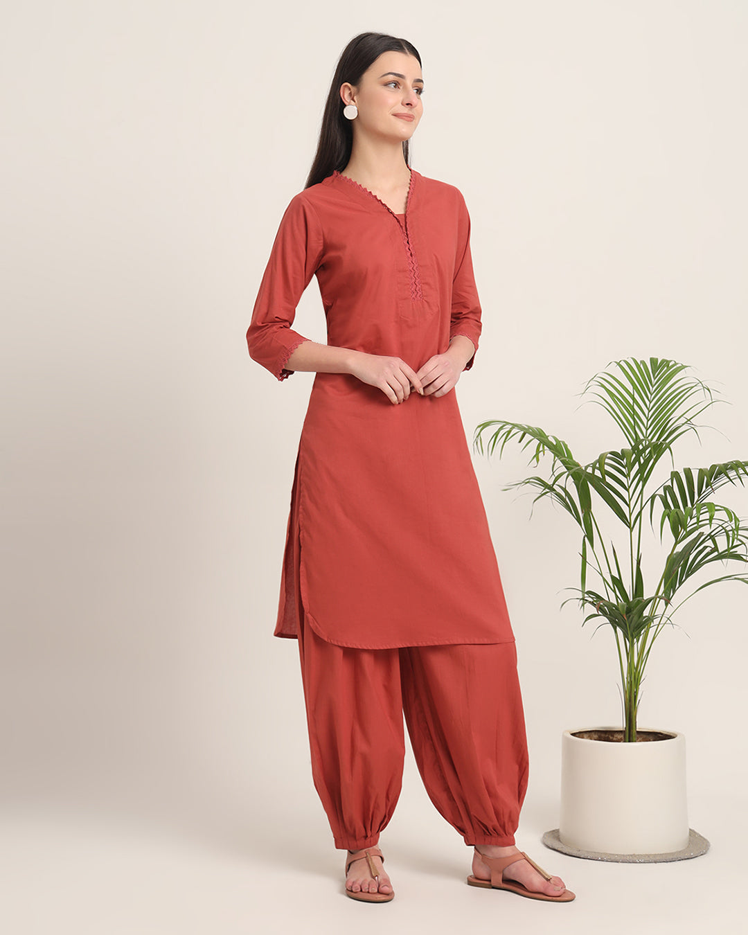 Russet Red Lace Affair Solid Kurta (Without Bottoms)
