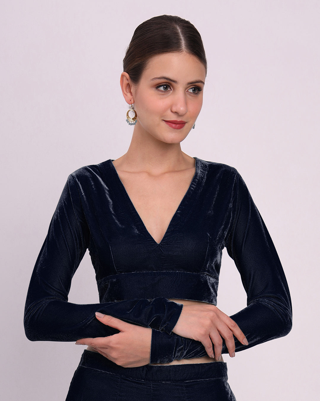 Midnight Blue Allure Deep V Velvet Blouse