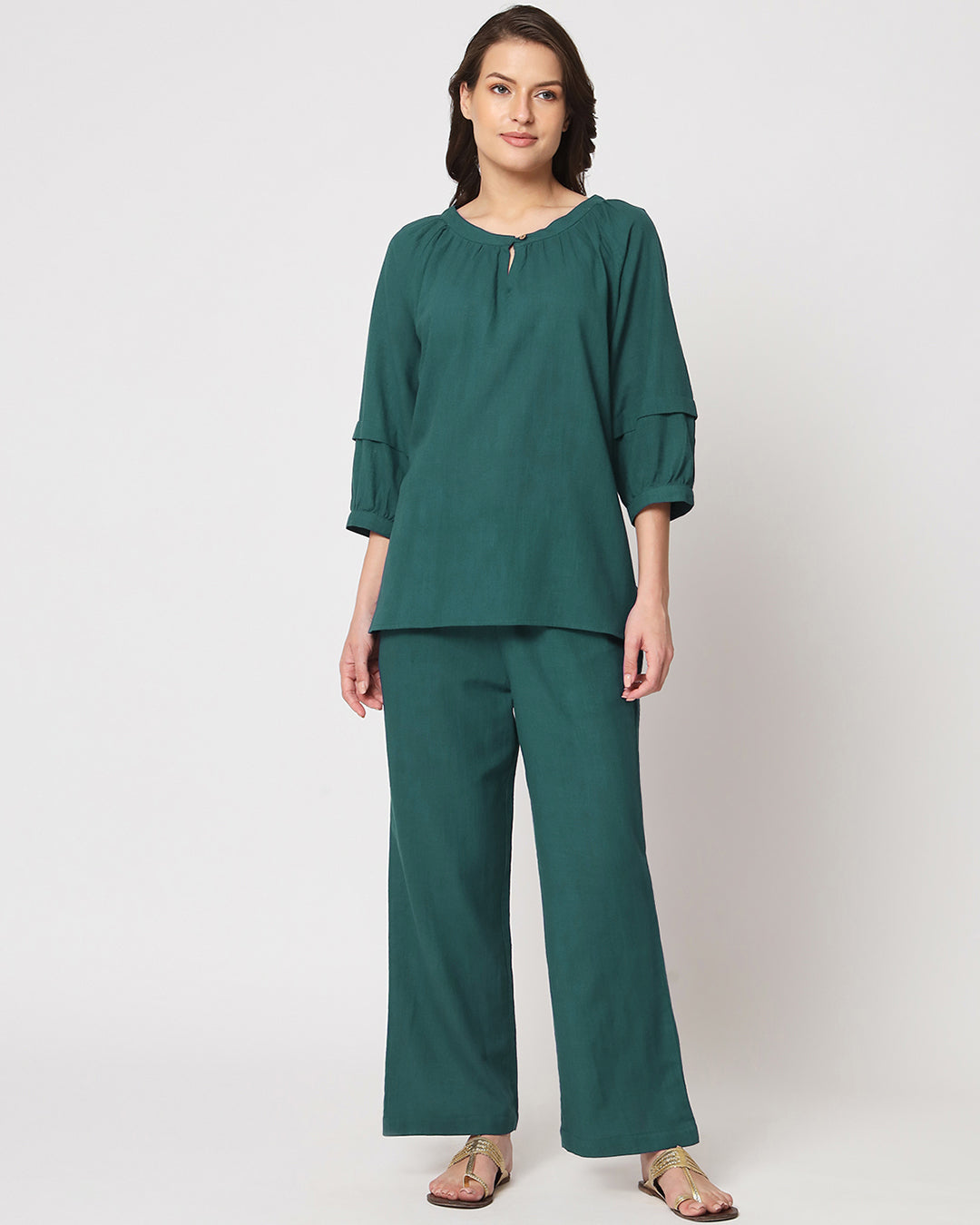 Forest Green Button Neck Solid Co-ord Set