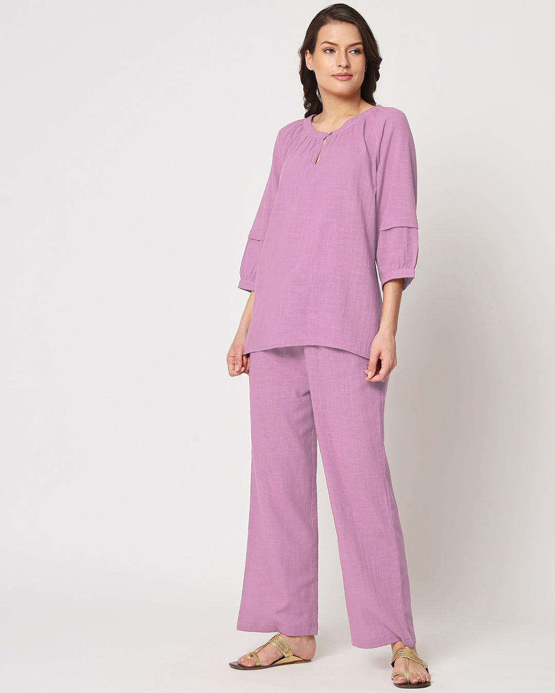 Iris Pink Button Neck Solid Co-ord Set