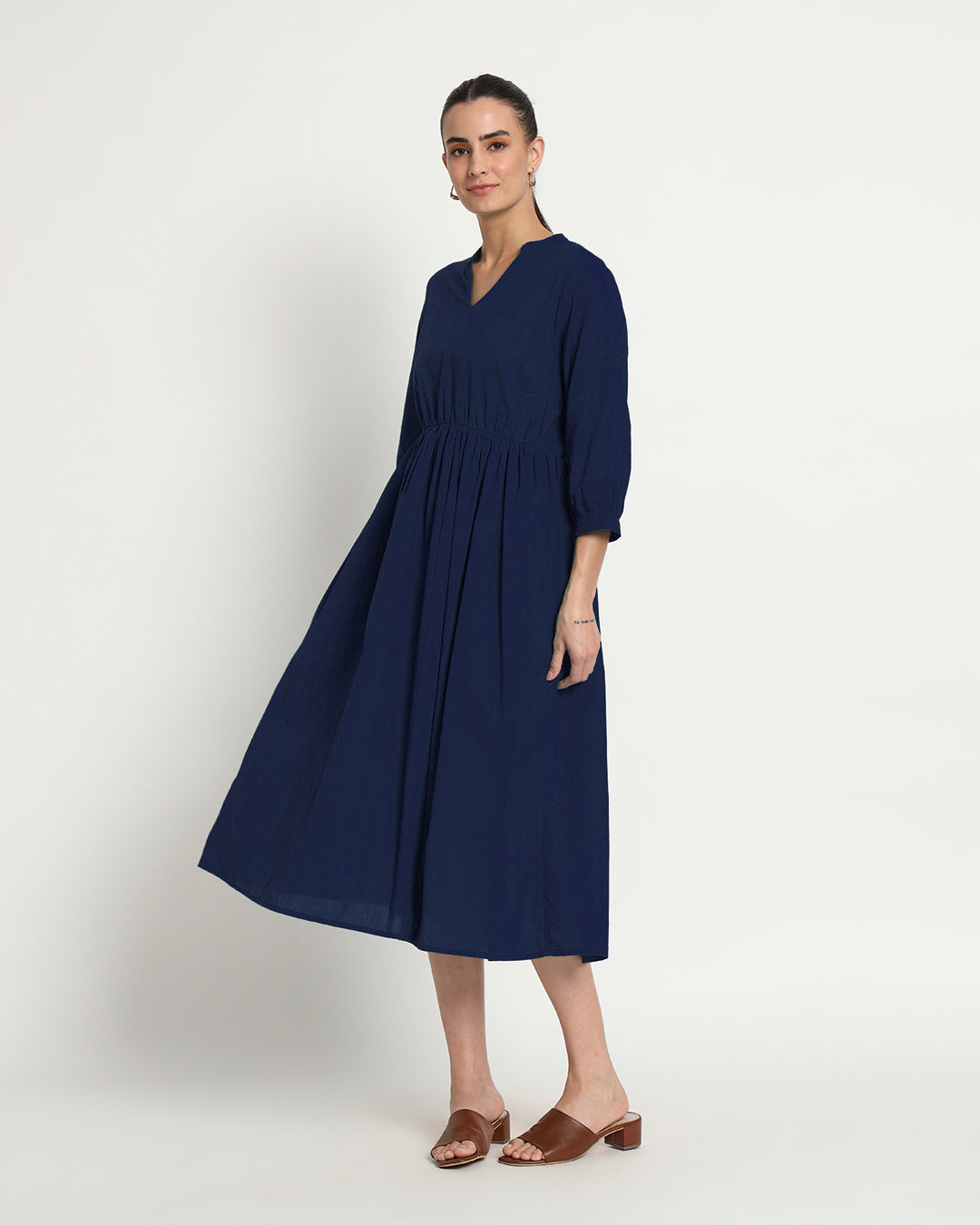 Midnight Blue Gathered V-Neck Stretch Dress