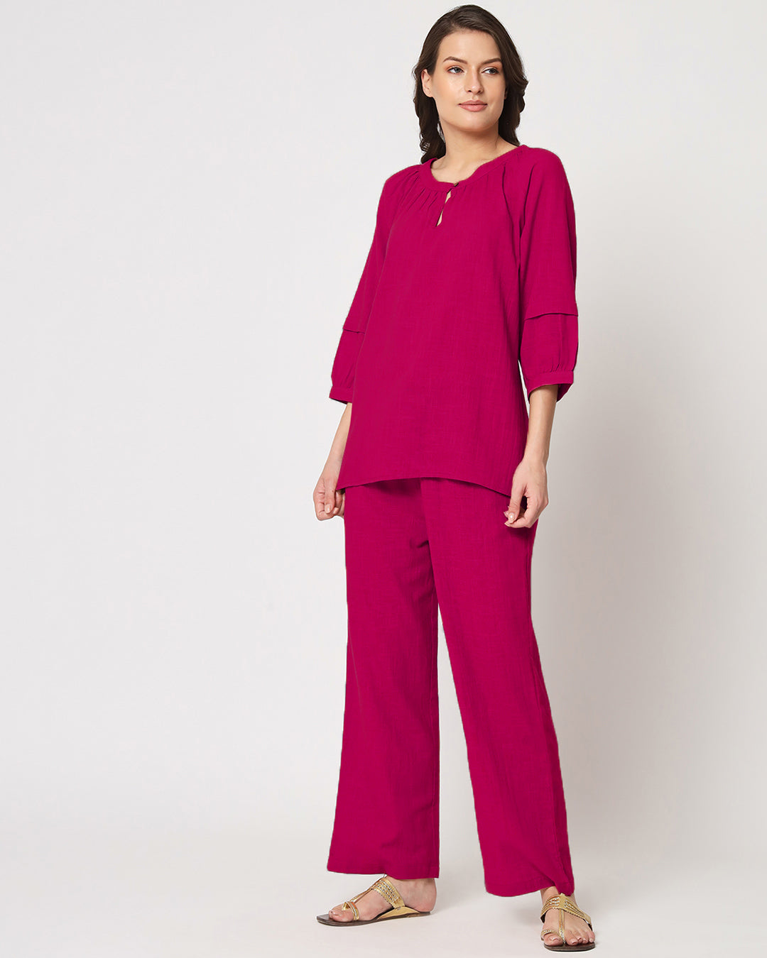 Queen's Gulabi Button Neck Solid Top (Without Bottoms)
