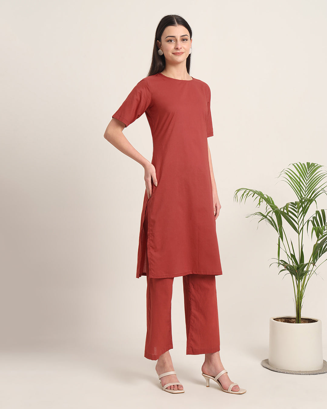 Russet Red Round Neck Long Solid Kurta (Without Bottoms)