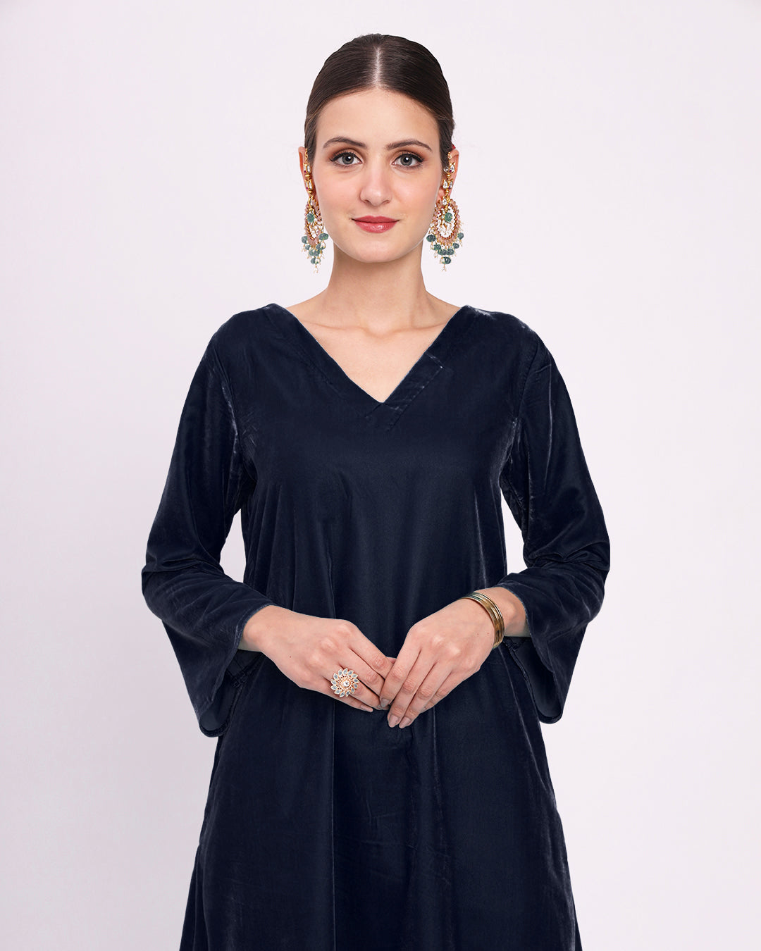 Midnight Blue Gilded V Neck Velvet Co-ord Set