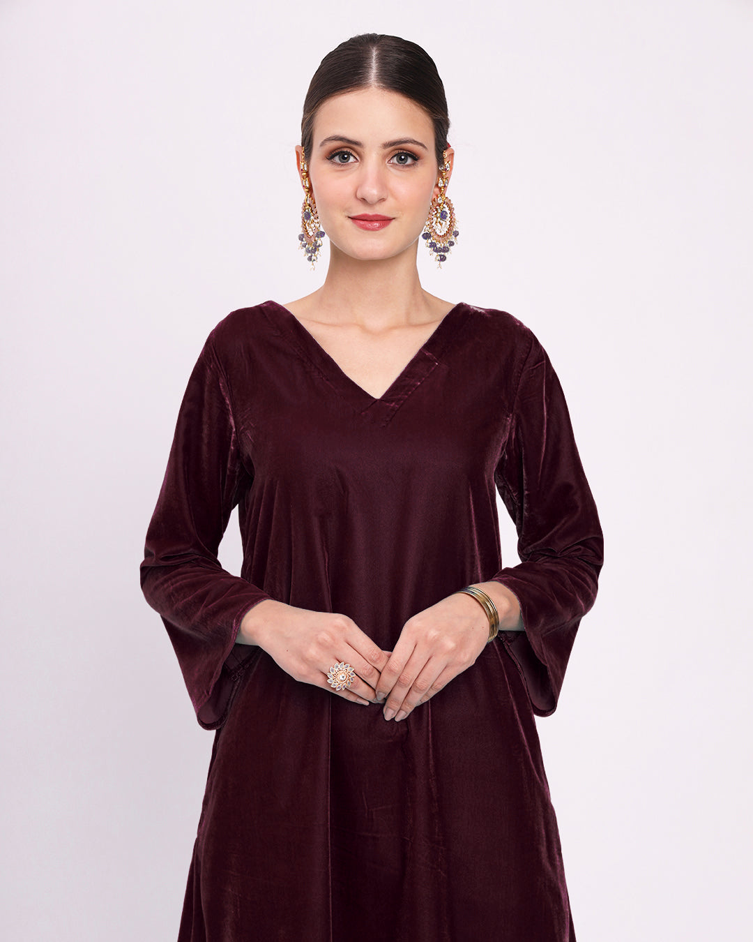 Plum Passion Gilded V Neck Velvet Co-ord Set