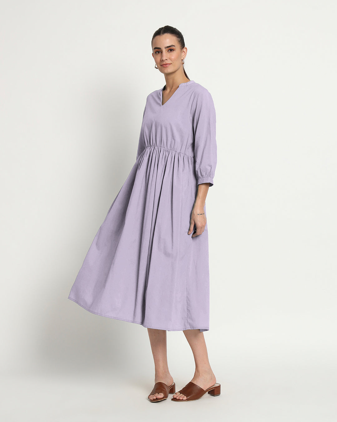 Lilac Gathered V-Neck Stretch Dress