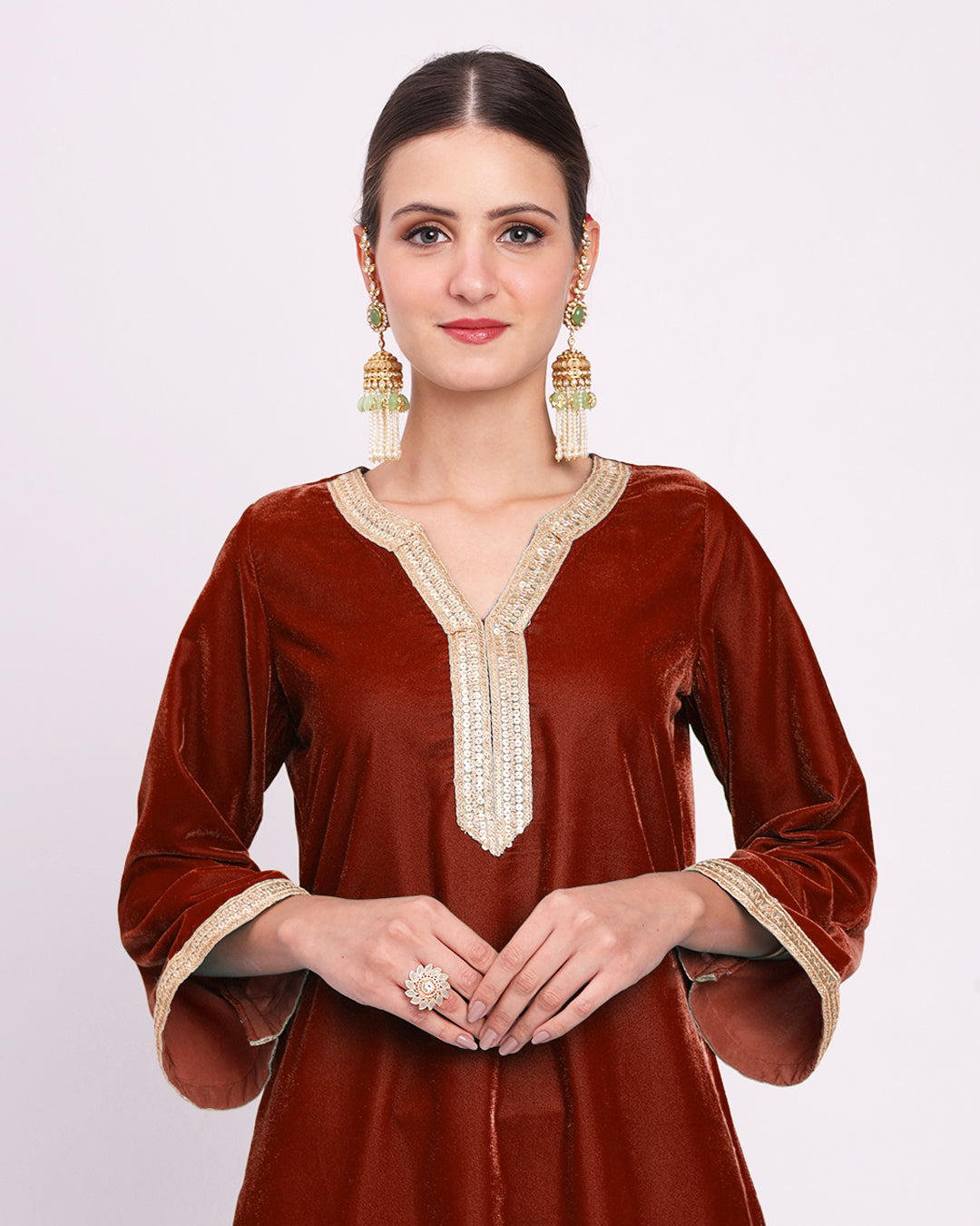 Russet Red Glimmer Crafted Luxe Velvet Kurta (Without Bottoms)