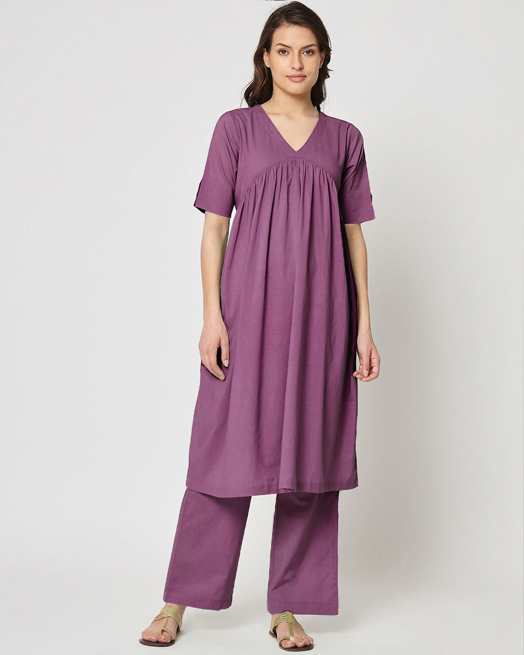 Wisteria Purple Gathered Solid Kurta (Without Bottoms)