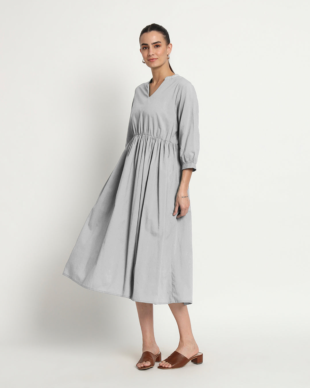 Iced Grey Gathered V-Neck Stretch Dress