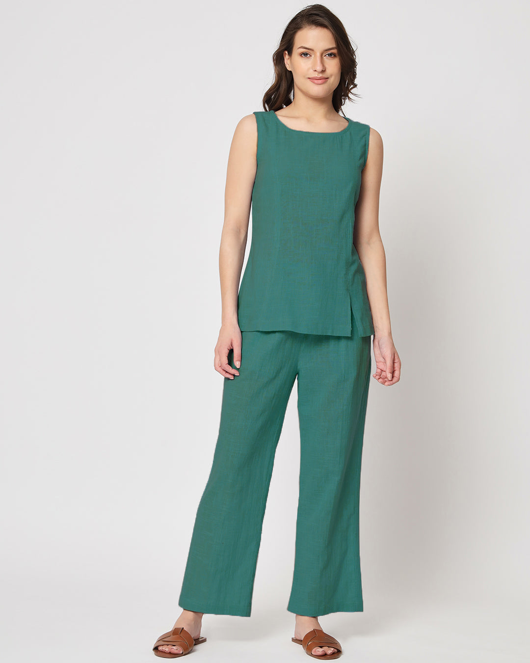 Forest Green Sleeveless Short Length Solid Co-ord Set