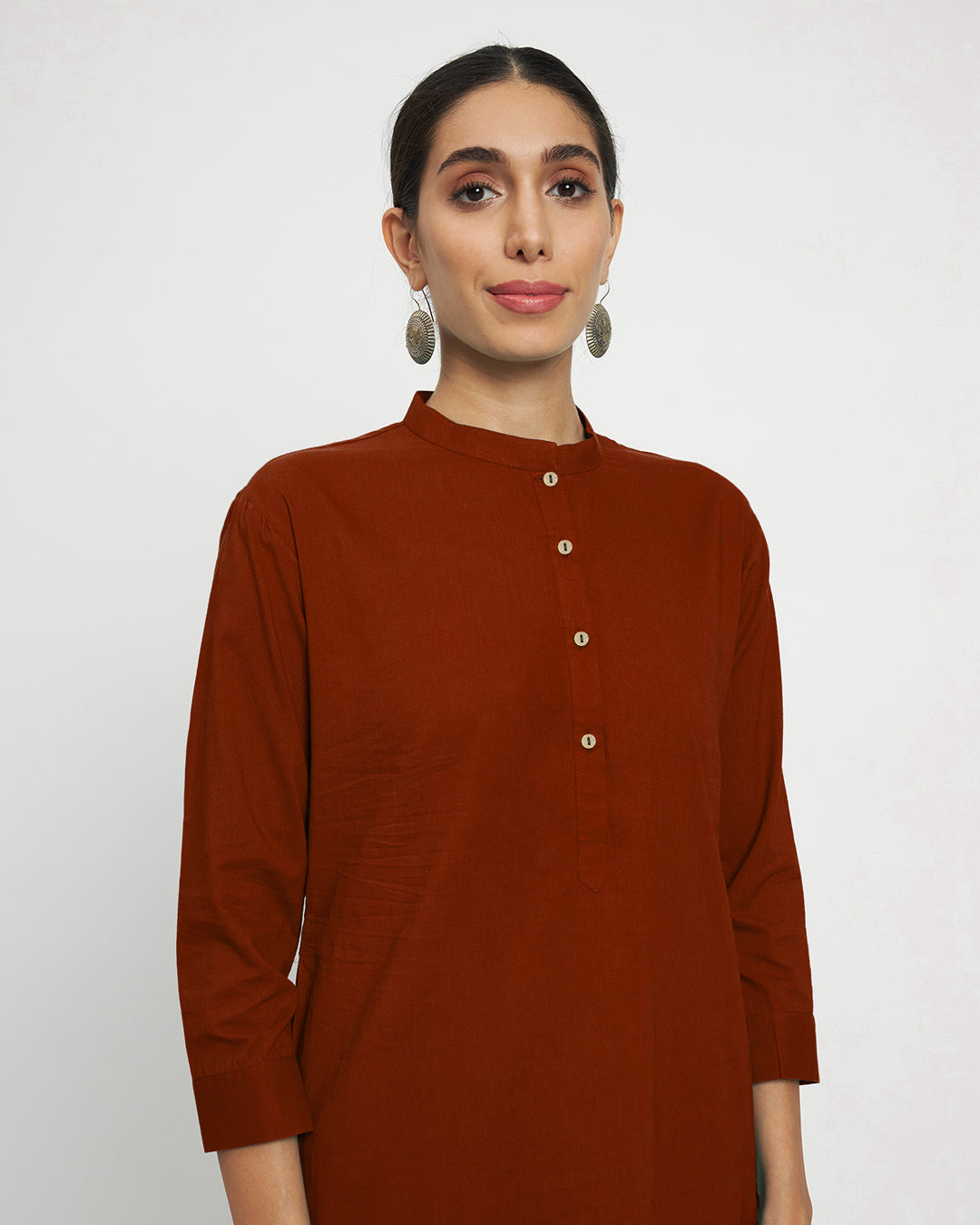 Russet Red Modern Mandarin Collar Solid Kurta (Without Bottoms)