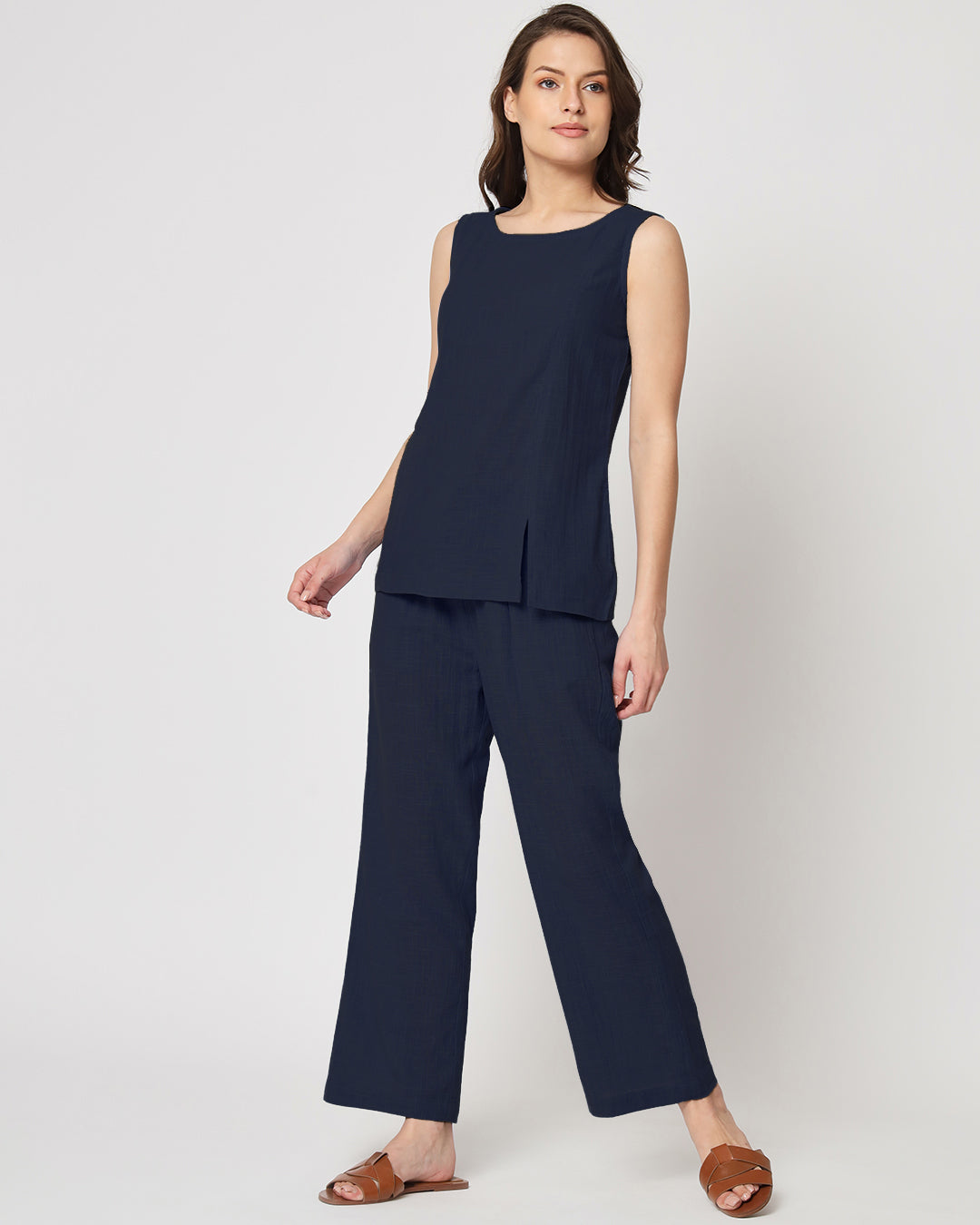 Midnight Blue Sleeveless Short Length Solid Top (Without Bottoms)