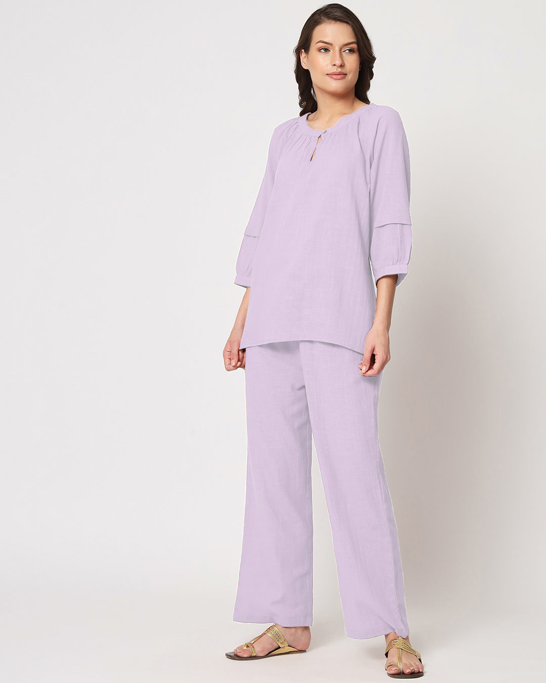 Lilac Button Neck Solid Co-ord Set