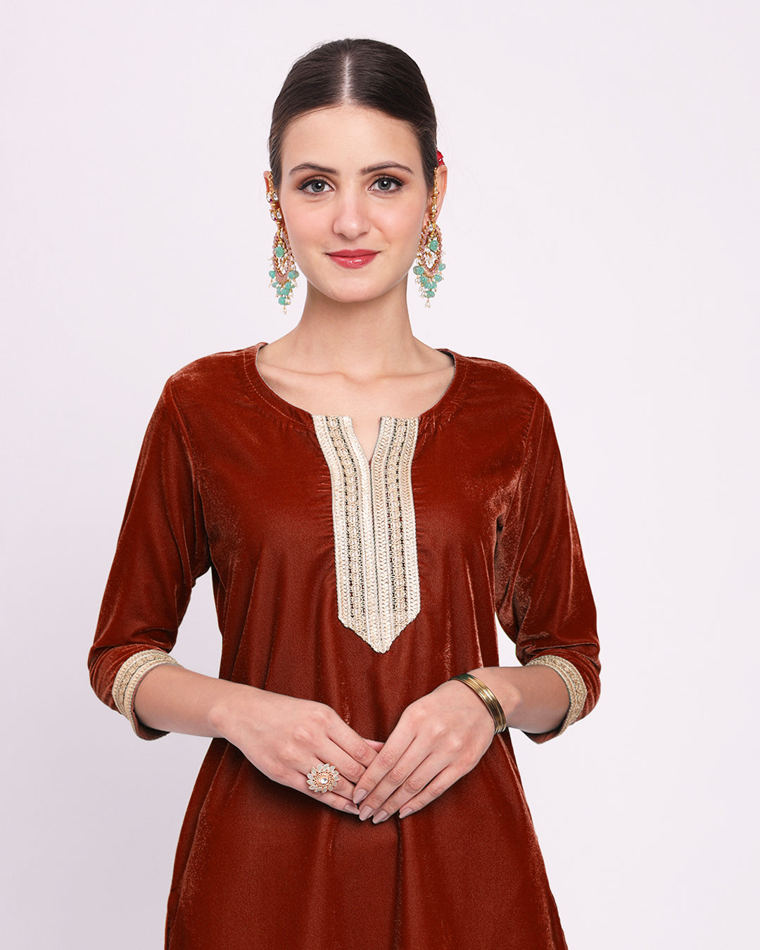 Russet Red Artisanal Glitz Velvet Kurta (Without Bottoms)