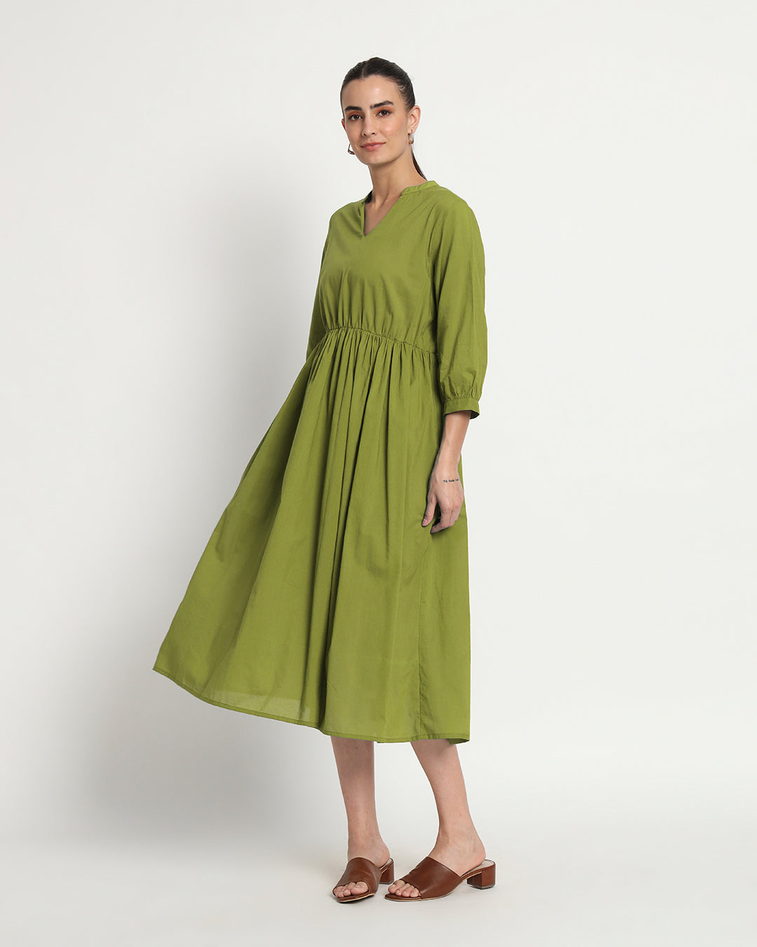 Sage Green Gathered V-Neck Stretch Dress