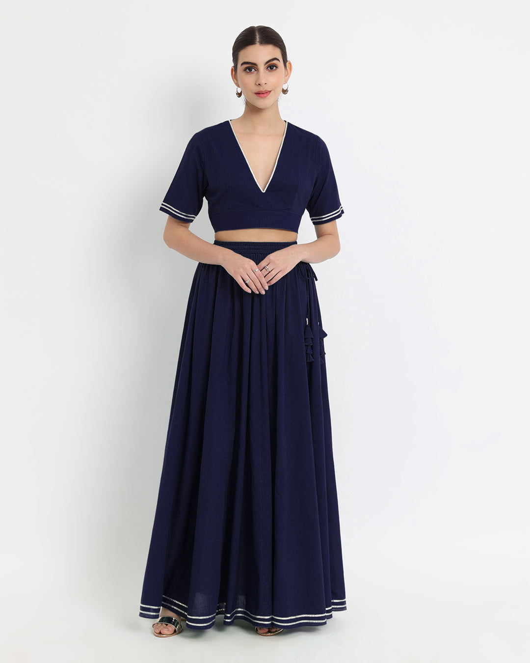 Midnight Blue Circle Cut Deep V Co-ord Set