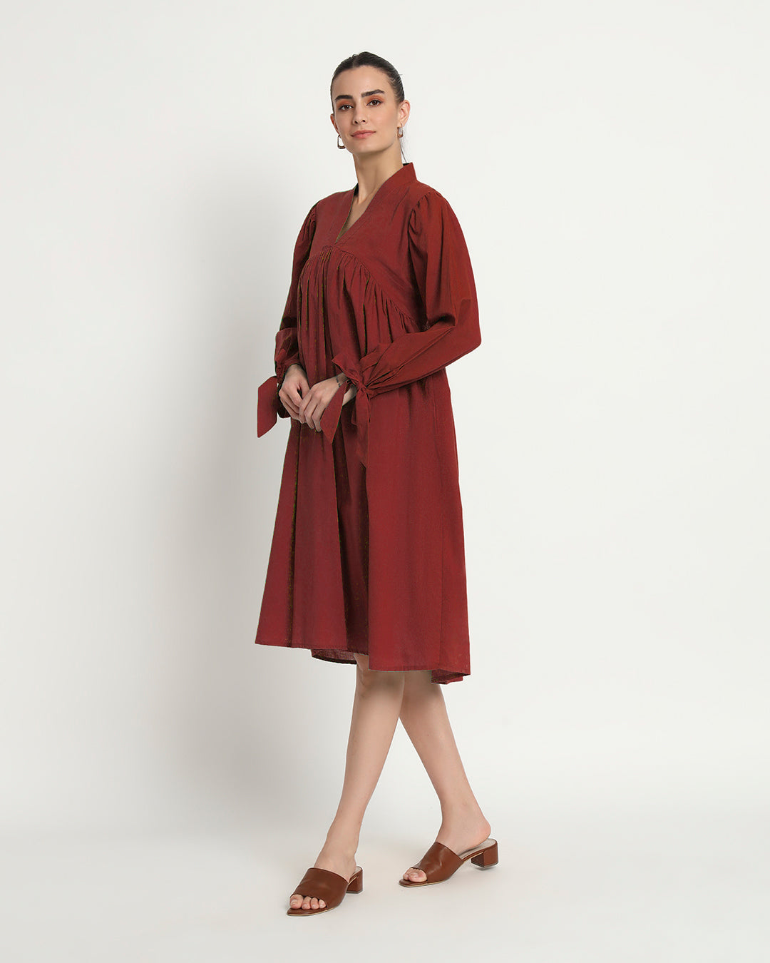 Russet Red Bowtiful Gathering V Neck Dress