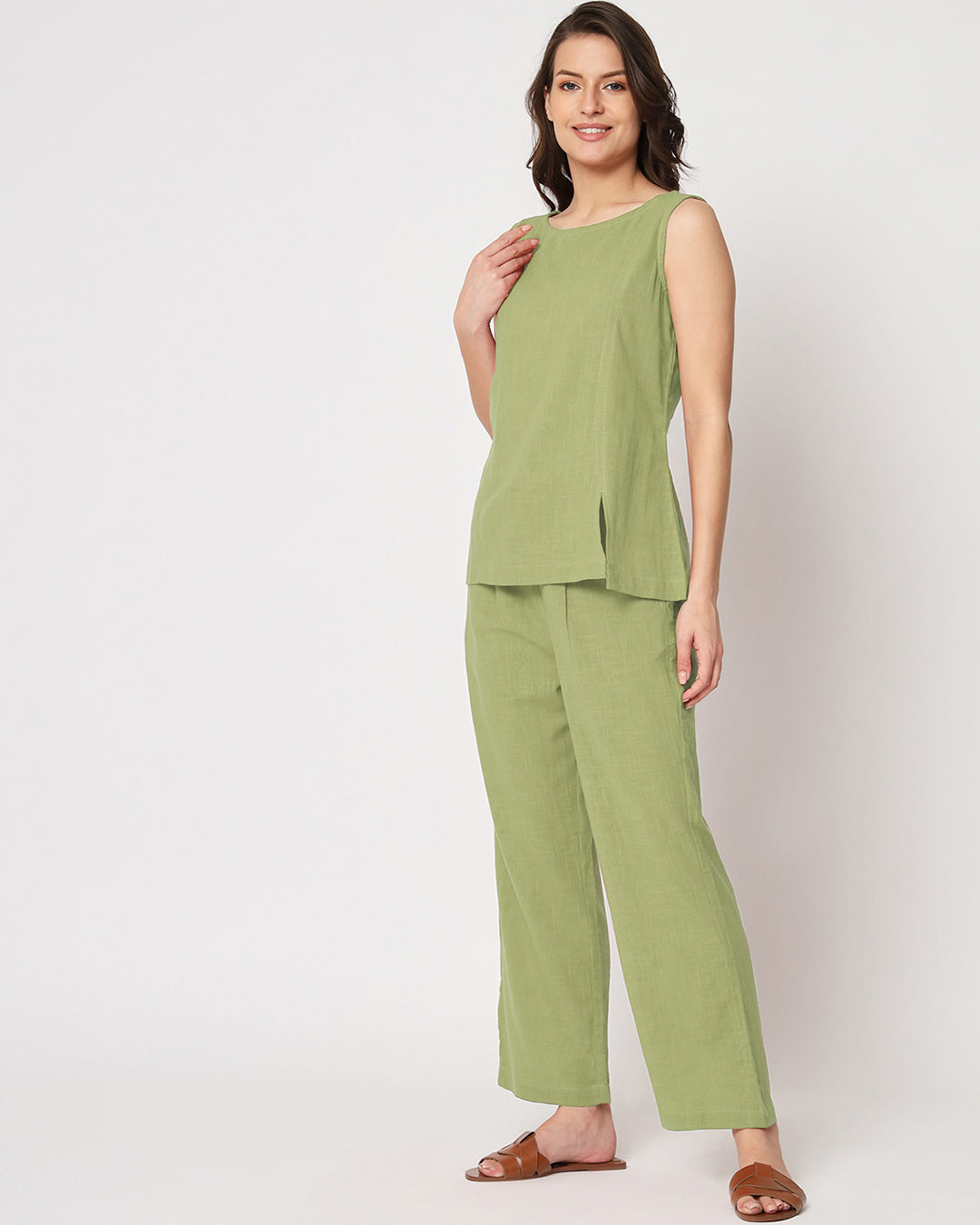 Sage Green Sleeveless Short Length Solid Co-ord Set