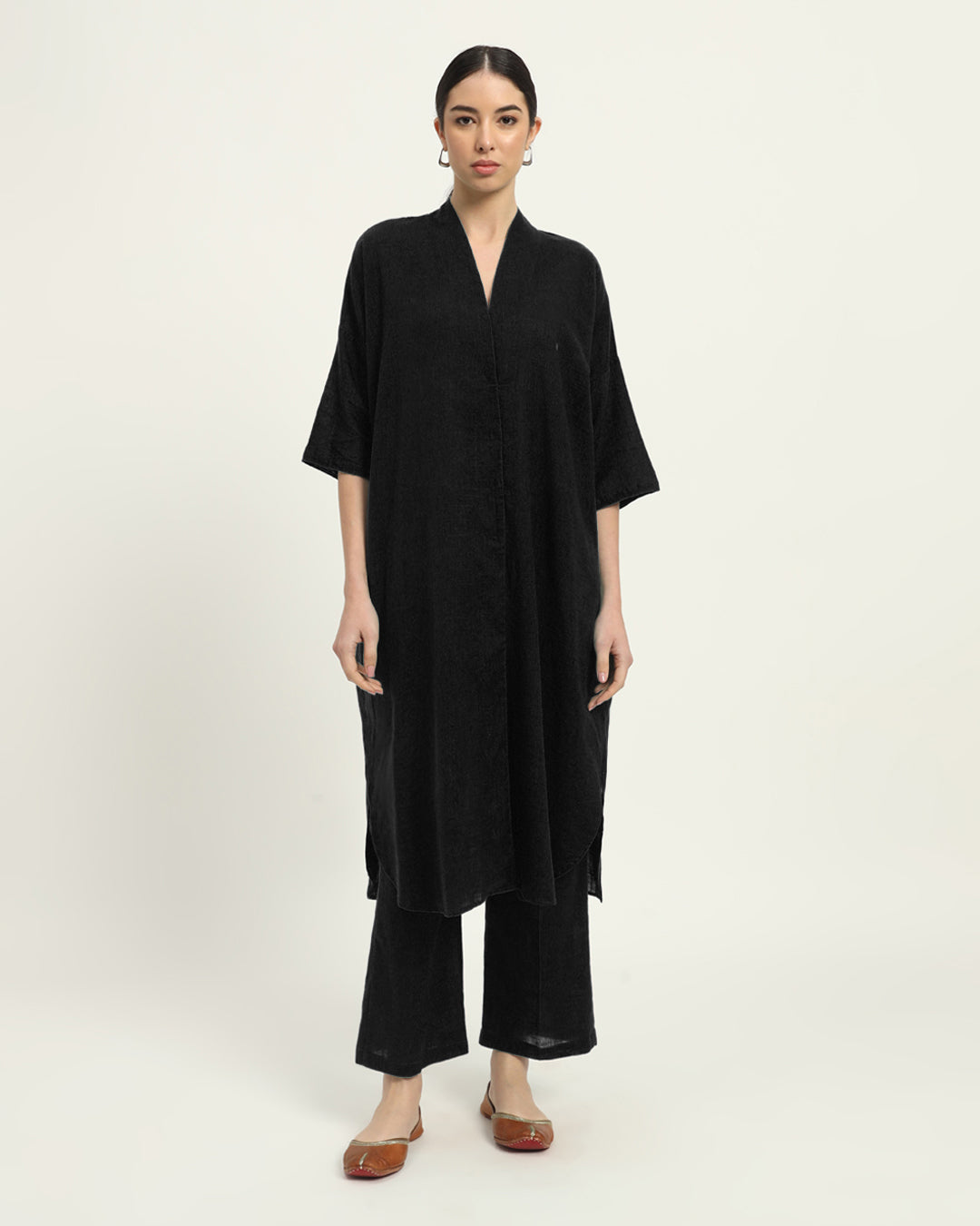 Combo: Black & Beige Serene Sojourn V Neck Solid Kurta