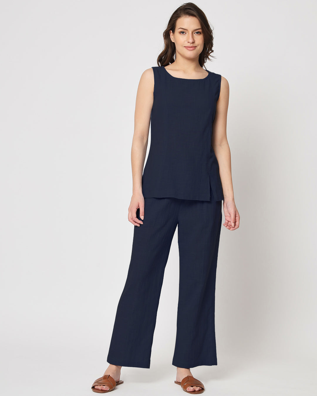 Midnight Blue Sleeveless Short Length Solid Top (Without Bottoms)