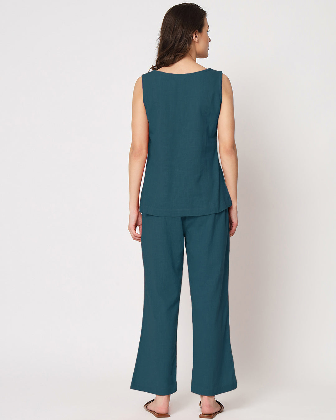 Deep Teal Sleeveless Short Length Solid Co-ord Set