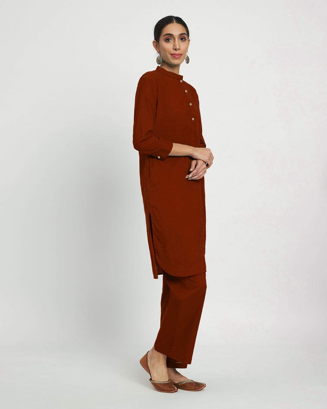 Russet Red Modern Mandarin Collar Solid Kurta (Without Bottoms)