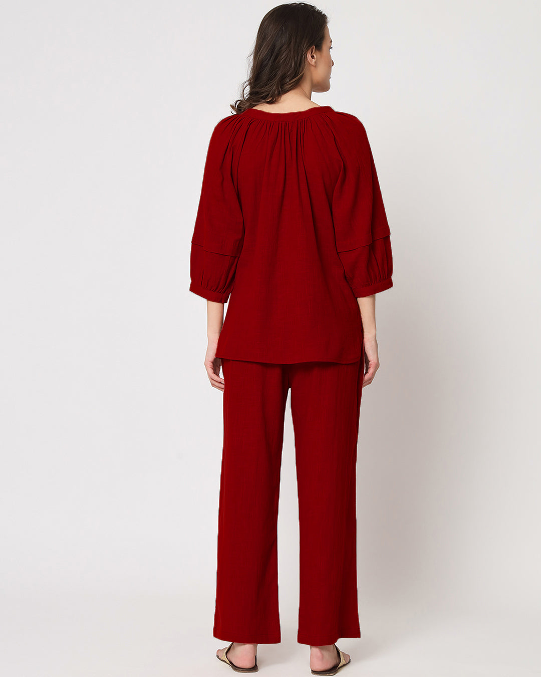 Classic Red Button Neck Solid Top (Without Bottoms)